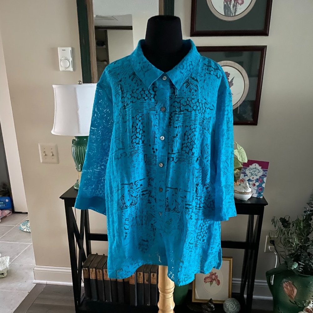 White Stag "Caribbean Blue" Burnout Blouse, Size 18W/20W